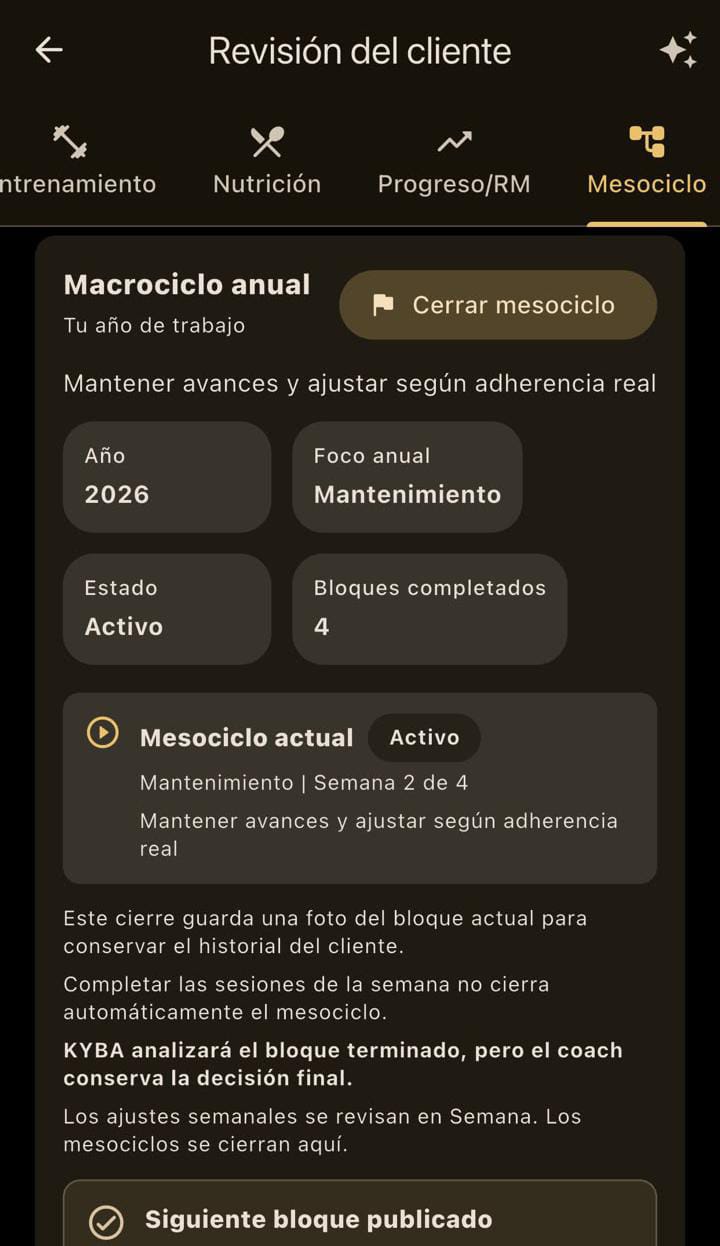 Vista de mesociclo de KYBA: planificación del bloque y mensaje de que el coach conserva la decisión final.